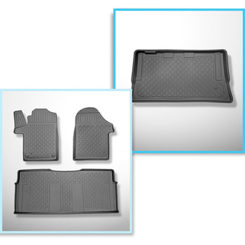 Sats bagagerumsmatta och bilmattor TPE måttillverkade till: Mercedes-Benz EQV 300 Skåpbil (10.2020-....) - lång version (axelavstånd 3.200 mm); billängd 5.140 mm); bakom tredje sätesraden; utan delat bagageutrymme; utan tredje raden; framdelen måste skära