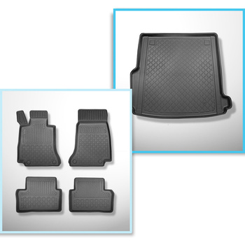 Sats bagagerumsmatta och bilmattor TPE måttillverkade till: Mercedes-Benz E-klass W213 Kombi (11.2016-07.2023) - även till modeller med fästskenor; ej till Plug-in Hybrid version